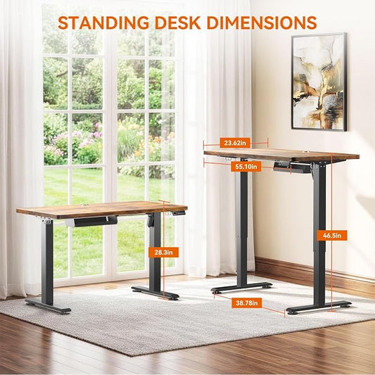 Standing Desk, 55 x 24 Inches Electric Height Adjustable Desk, Sit Stand up Desk, Memory Computer Home Office Gaming Desk with 3 Preset Heights, Table Cable Management Box, Brown