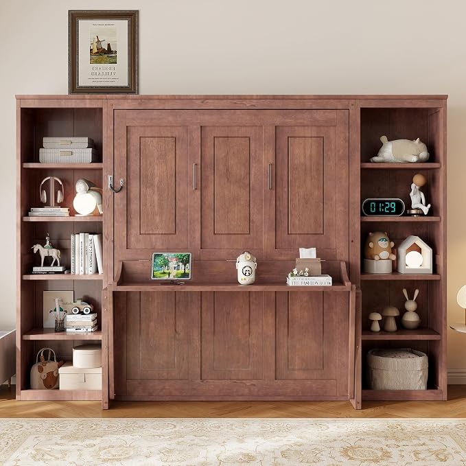 MERITLINE Full Murphy Bed with Desk and Storage Shelves, Solid Wood Vertical Murphy Wall Bed Cabinet with Storage Bookshelves Bookcase for Living Room, Guest Room (Full,Dark Brown)