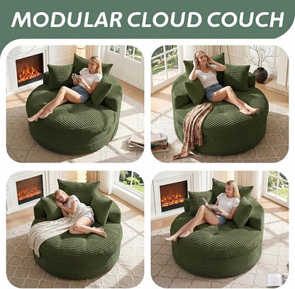 Oversized Round Chaise Lounge Chair, Deep Seat Cloud Boneless Floor Sofa Couch, Upholstered Corduroy Sleeper with 3 Pillows & Optional Ottoman, No Assembly Modern Lazy Floor Lounger for Living Room