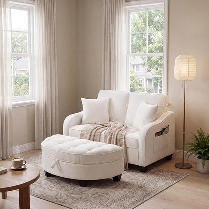 ERYE Chenille Tufted Loveseat Sofa and Ottoman Set, Tufted Recliner Sleeper Chaise Lounge with Curved Storage Ottoman,Reclining Backrest and Side Pockets, 4 Pillows