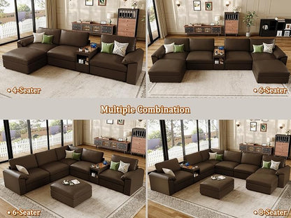 EASE MOOSE Leather Sectional Couch with Console,Oversized Modular Sectional Sofas,Wide Deep Seat Modular Couch, Scratch Resistant Faux Leather Material,U Shaped Sofa for Big Spaces,Deep Brown