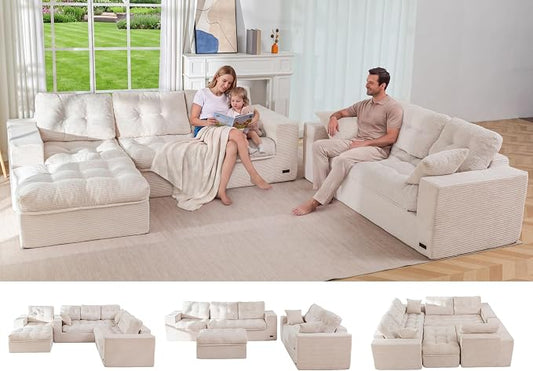 MAXYOYO Modular Sectional Sofa with Ottoman and Loveseat, Cloud Boneless Couch with Layered Cushion, Flexible Module Combination Sofa for Living Room, No Assembly Required,Beige