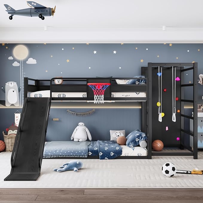 Bellemave Twin XL Bunk Bed with Basketball Hoop, Pull-up Rings and Climbing Wall, Twin XL Bunk Bed with Slide and Bookcase, Heavy Duty Bunk Beds with Guardrail, Black
