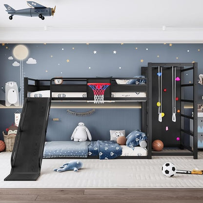Bellemave Twin XL Bunk Bed with Basketball Hoop, Pull-up Rings and Climbing Wall, Twin XL Bunk Bed with Slide and Bookcase, Heavy Duty Bunk Beds with Guardrail, Black