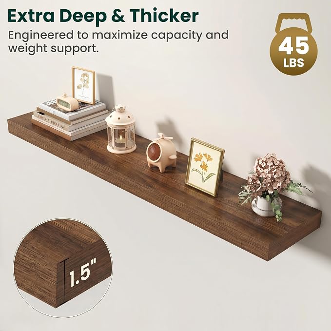 Floating Shelves for Wall, 48 Inch x 8 Inch Deep Wall Mounted Wood Shelf with Invisible Brackets for Storage & Display, Living Room Bedroom Kitchen, Walnut, Set of 2