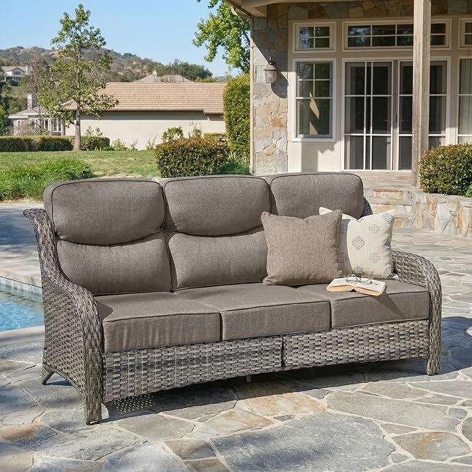Belord Luxury 6" Thick Cushioned PE Wicker 3-Seater Outdoor Couch, All-Weather Comfortable Modern Patio Sofa, High Back Deep Seat Woven Outdoor Furniture for Porch Balcony, Lawn, Deck - GreyGrey