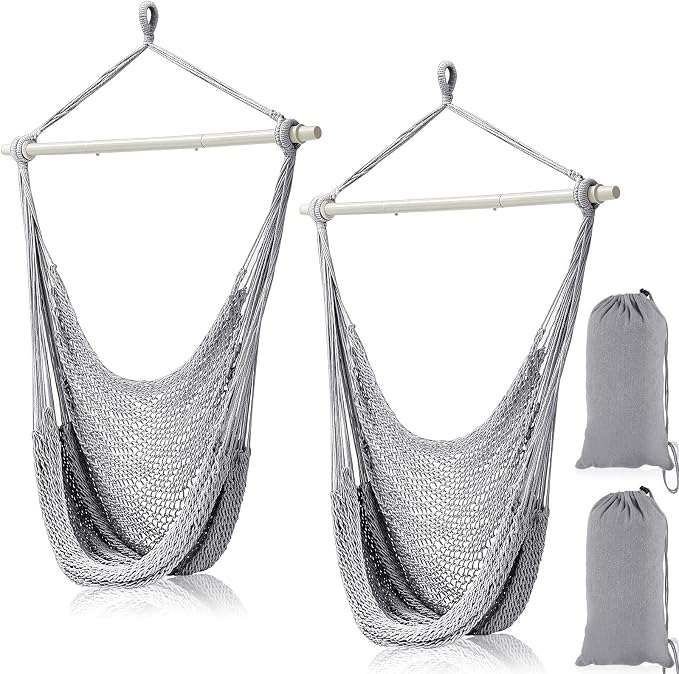 Barydat 2 Pcs Hanging Hammock Chair Boho Swing Chair Outdoor Indoor Comfy Soft Cotton Rope Weaving with 40 Inch Detachable Metal Bars for Backyard Living Room Garden, 270lb Capacity (Light Gray)
