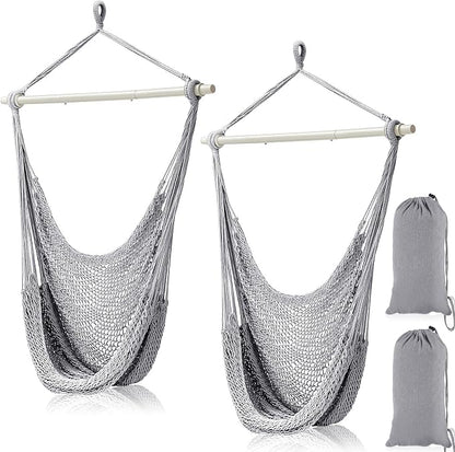Barydat 2 Pcs Hanging Hammock Chair Boho Swing Chair Outdoor Indoor Comfy Soft Cotton Rope Weaving with 40 Inch Detachable Metal Bars for Backyard Living Room Garden, 270lb Capacity (Light Gray)
