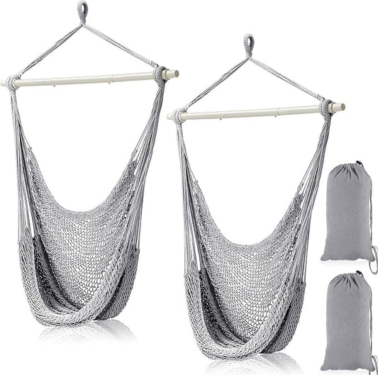 Barydat 2 Pcs Hanging Hammock Chair Boho Swing Chair Outdoor Indoor Comfy Soft Cotton Rope Weaving with 40 Inch Detachable Metal Bars for Backyard Living Room Garden, 270lb Capacity (Light Gray)