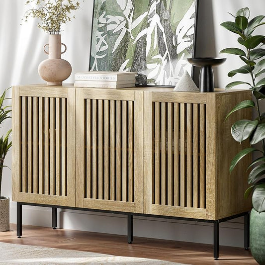 BVIUNTWO Buffet Cabinet with Storage,47" Farmhouse Console Table with Metal Base and Adjustable Shelves,Sideboard Coffee Bar Cabinet with 3 Doors for Kitchen,Dining Room,Living Room,Oak