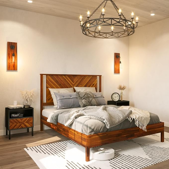 Bme Vivian 14 Inch Deluxe Bed Frame with Headboard, Rustic & Scandinavian Style with Solid Acacia Wood, No Box Spring Needed, 12 Strong Wood Slat Support, Easy Assembly, Queen, Rustic Golden Brown