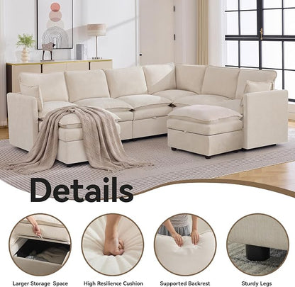 105" Beige Modular Storage Sofa, U Shaped Chenille Couch with 2 Ottomans | Oversized Convertible Sectional Sofa, 6-Seat Sectional Couch With 2 Ottomans, Large Cloud Couch For Living Room, Apartment.