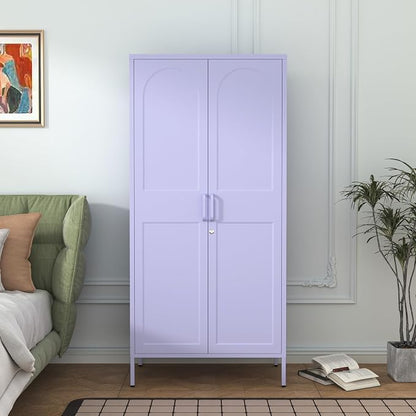 67 Inch Lockable Lavender Purple Metal Storage Wardrobe, French Retro Arched Door Steel Closet with Hanging Rod & Adjustable Shelves for Bedroom Office Size：67" H x 31.5" W x 18.1" D