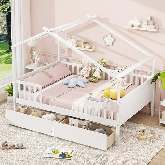 Giantex Full House Bed with Drawers, Wooden Full Size Bed Frame with Cube Storage & Fence Rails, Montessori Beds for Kids Boys Girls, Bedroom, Living Room, No Box Spring Needed, White