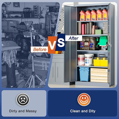 BESFUR Metal Storage Cabinet with 2 Doors and 4 Adjustable Shelves Garage Storage Cabinet with Lock 71" Office Storage Cabinets Locking Cabinets for Garage Office Shop Home (Gray)