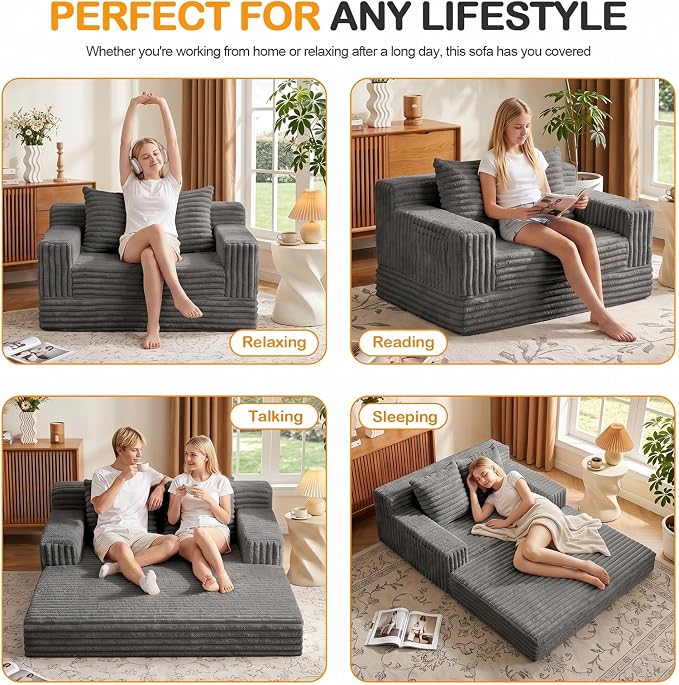 Erament Boneless Loveseat Convertible Sofa Bed, Folding Floor Futon Sleeper Sofa Couch Bed- Boneless Foldable Couch, Corduroy Pull Out Sofa Bed with 2 Pillows for Living Room & Bedroom