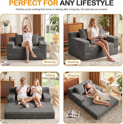 Erament Boneless Loveseat Convertible Sofa Bed, Folding Floor Futon Sleeper Sofa Couch Bed- Boneless Foldable Couch, Corduroy Pull Out Sofa Bed with 2 Pillows for Living Room & Bedroom