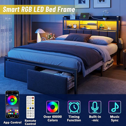 Furnulem Queen Bed Frame with Storage Drawers, Upholstered Headboard with LED Light & Charging Station, Metal Platform Bed Frame Queen Size, Noise Free, No Box Spring Needed, Black (1200 lbs Capacity)
