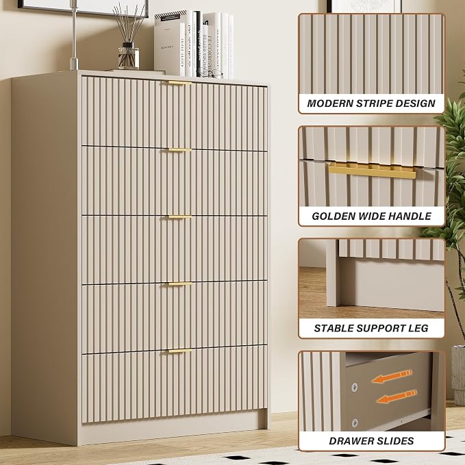 Furniway Beige Dresser for Bedroom, Modern Dresser with 5 Drawers and Smooth Slides, Wide Chest of Drawers with Golden Handles for Bedroom, Living Room, Closet, 15.7" D x 31.5" W x 47.2" H