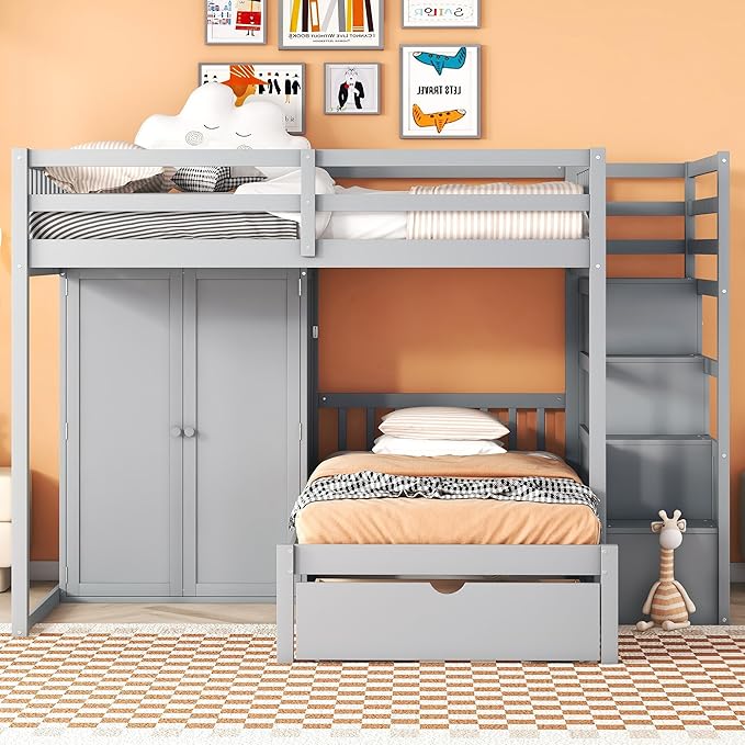 Ball & Cast Full Over Twin Bunk Bed with Safty Guardrail & Storage Stair,Wood Loft Bedframe W/Wardrobe & Drawers,Space-Saving Design,Easy Assembly,Versatile Furniture for Boys Girls Teen Bedroom,Gray