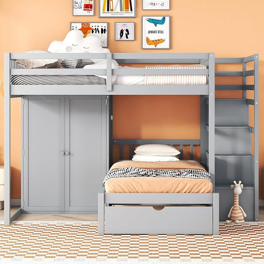 Merax Full Over Twin Bunk Bed with Wardrobe and Drawers, Gray