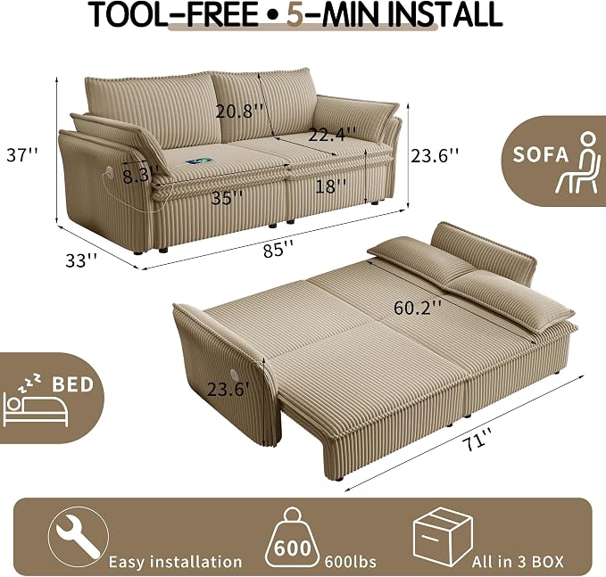 85" Pull Out Sofa Bed Full Size, Pre-Assembled Corduroy Sleeper Sofa, Convertible Loveseat Futon Couch with Storage Ottoman, USB, Pillows, for Apartment, Living Room, Small Spaces, Camel