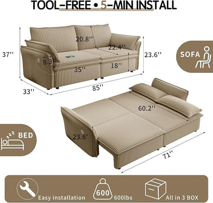 85" Pull Out Sofa Bed Full Size, Pre-Assembled Corduroy Sleeper Sofa, Convertible Loveseat Futon Couch with Storage Ottoman, USB, Pillows, for Apartment, Living Room, Small Spaces, Camel