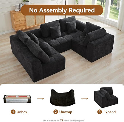 110''Modular Sectional Couches for Living Room, Cloud Boneless Compressed Sectional Sofa, Oversized U Shaped 5 Seater Upholstered Memory Foam Sofa, No Assembly, Chenille Black