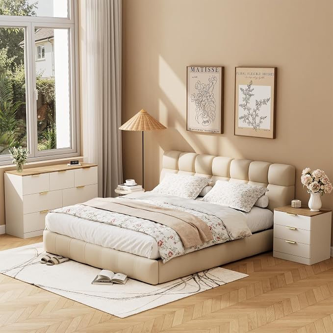 3 Pieces of Dresser and Nightstand Set,47.2" Width 7-Drawer Dresser & 3-Drawer Nightstands Set of 2 w/Gold Metal Handle, Modern Design for Bedroom,White & Brown