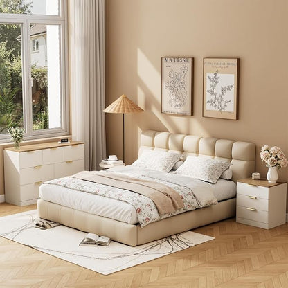3 Pieces of Dresser and Nightstand Set,47.2" Width 7-Drawer Dresser & 3-Drawer Nightstands Set of 2 w/Gold Metal Handle, Modern Design for Bedroom,White & Brown