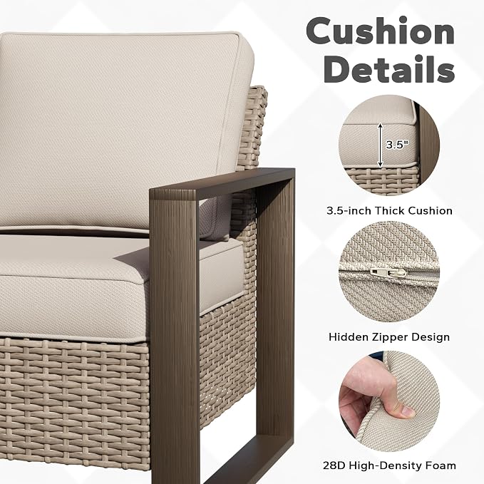 Joyside Outdoor Patio Chairs, 5 Pieces Wicker Rattan Furniture Set, 2 Patio Chairs, 1 Sofa and 2 Ottoman, Metal Wide Armrest, Thick Cushions and Deep Seating for Garden, Backyard, Porch, Deck