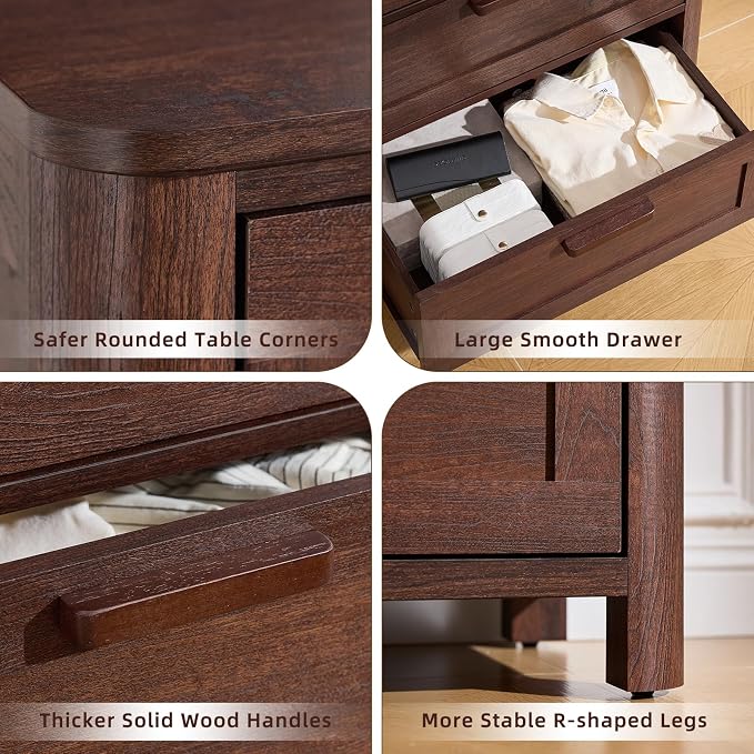 Joaxswe Farmhouse 6 Drawer Dresser for Bedroom, Horizontal Dressers with 6 Deep Drawers & 4 Thickened Table Legs & Round Table Corner, Walnut