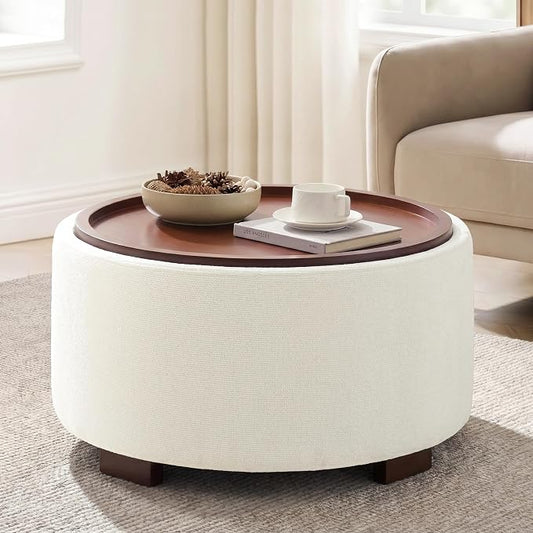 29.1 Inch Round Ottoman Coffee Table, Ottoman with Storage, Boucle Beige | Storage Ottoman with Removable Lid Top, Solid Wood Legs, Round Ottoman for Living Room, Bedroom, Apartments