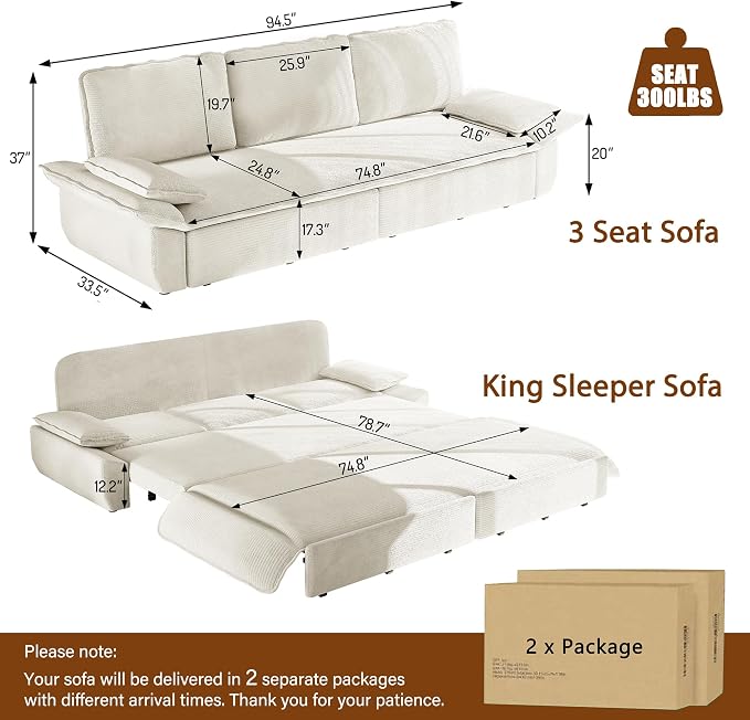 94.5" Pull Out Couch King Size, Futon Sofa Bed, 3-in-1 Convertible Sleeper Sofa Bed with Cushion Armrest, Modern Corduroy Loveseat Couches for Living Room, Small Space, Apartment, Beige