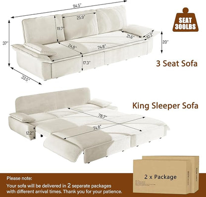 94.5" Pull Out Couch King Size, Futon Sofa Bed, 3-in-1 Convertible Sleeper Sofa Bed with Cushion Armrest, Modern Corduroy Loveseat Couches for Living Room, Small Space, Apartment, Beige