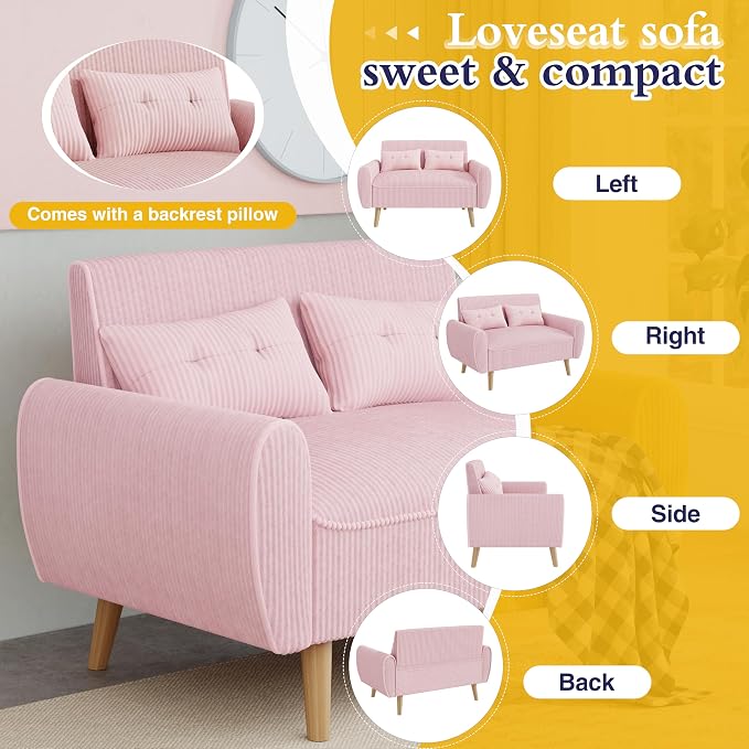 JAMFLY Pink Loveseat Sofa, 47.2'' Modern Small Space Sofa Set, High Density Sponge, Linen, Wood, 350 lbs Capacity