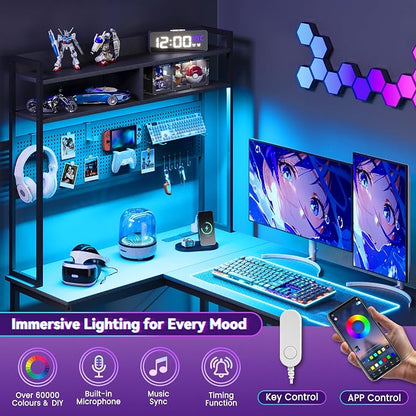 Apicizon L Shaped Gaming Desk 53", Reversible Corner Computer Desk with LED Lights, Carbon Fiber Surface, Pegboard with Hooks, Drawer & PC Tower Stand, USB Charging Port