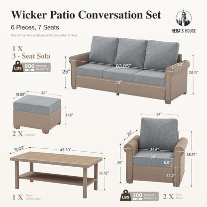 HERA'S HOUSE Patio Furniture Set, 4 x Cushioned Chairs, 3-Seat Sofa with Wood Grain Coffee Table, 5 Seats Luxury Windsor Style All Weahter Outdoor Sofa Conversation Set for Deck Lawn Backyard