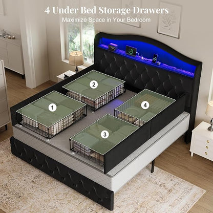 Queen Size Bed Frame and Headboard & 4 Storage Drawers, Upholstered Platform Bed Frame with RGB LED Lights & Charging Station, No Box Spring Needed, Easy Assembly, Noise-Free, Black