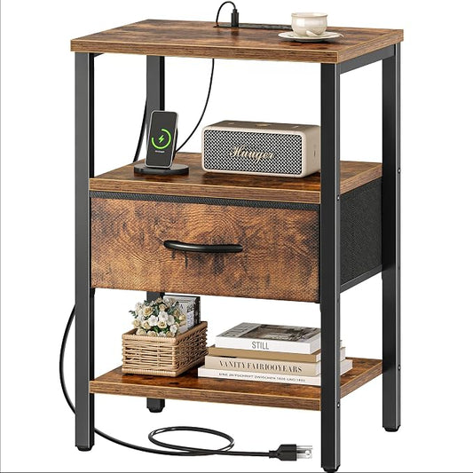 SUPERJARE Nightstand with Charging Station, Bed Side Table with Adjustable Fabric Drawer, Night Stand for Bedroom, 3-Tier Storage End Table, for Living Room, Rustic Brown