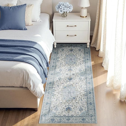 RELEANY Area Rugs Runner 3'x8' Washable Non-Slip, Floral Vintage Distress Medallion Carpet for Kitchen Hallway Bedroom Beside Laundry Room Bathroom, Light Blue Navy Gray White
