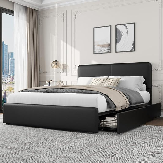 GarveeHome Modern Upholstered Platform Bed Frame with Headboard and Storage Drawers – PU Black Leather, Strong Wood Slat Support, No Box Spring Needed, Easy Assembly, Noise-Free – Full Size, PU Black