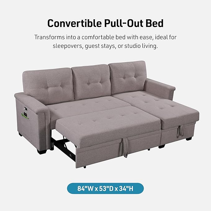 Lilola Home Convertible Sleeper Sofa Bed 84 Inch, L Shaped Sectional Couch with Pull Out Bed, USB Charging Ports, Storage Chaise for Living Room, Office, Linen Fabric, Light Gray