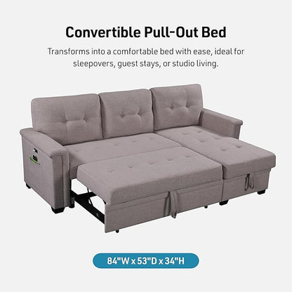 Lilola Home Convertible Sleeper Sofa Bed 84 Inch, L Shaped Sectional Couch with Pull Out Bed, USB Charging Ports, Storage Chaise for Living Room, Office, Linen Fabric, Light Gray