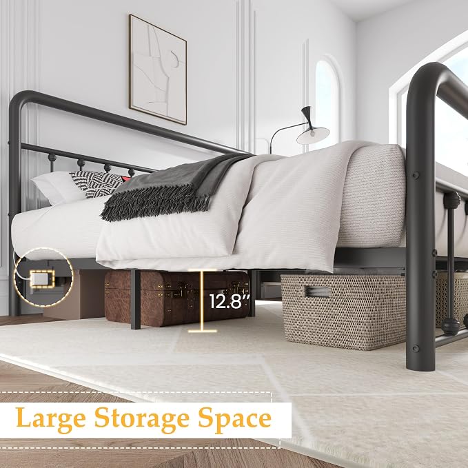 Fluest 14 Inch Queen Bed Frame Classic Metal Platform Bed Frame with Charging Station & LED, Victorian Style Iron-Art Headboard/Footboard, Under Bed Storage, No Box Spring Needed, Noise Free