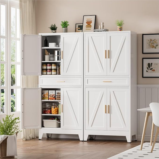 Metal Storage Cabinet with Drawer, 71" Tall Storage Cabinets with Adjustable Shelves, White Farmhouse Freestanding Kitchen Pantry Cabinet for Dining Room, Living Room
