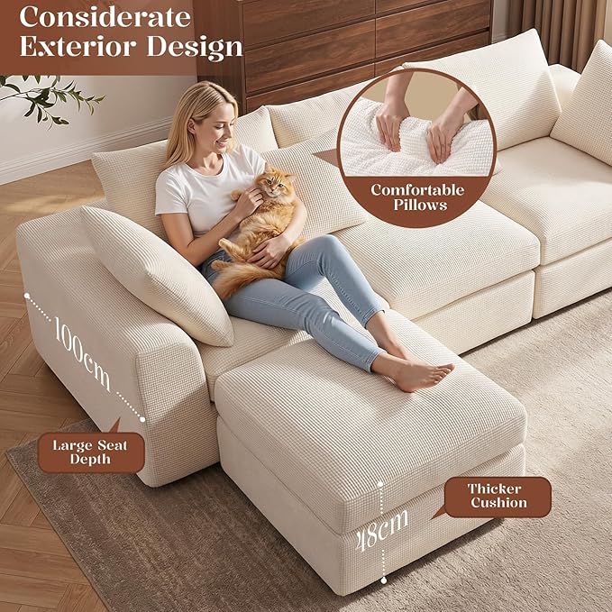 Benazcap 110" Cloud Sectional Couches for Living Room, L-Shaped Convertible Sofa, 3-Seat Modular Boneless Couch with Movable Ottoman, Beige