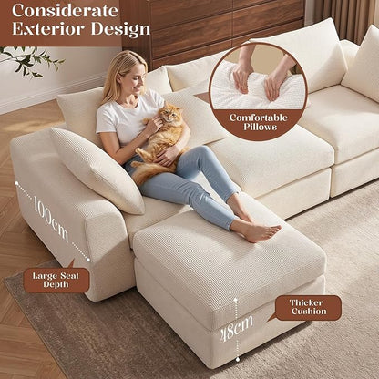 Benazcap 110" Cloud Sectional Couches for Living Room, L-Shaped Convertible Sofa, 3-Seat Modular Boneless Couch with Movable Ottoman, Beige