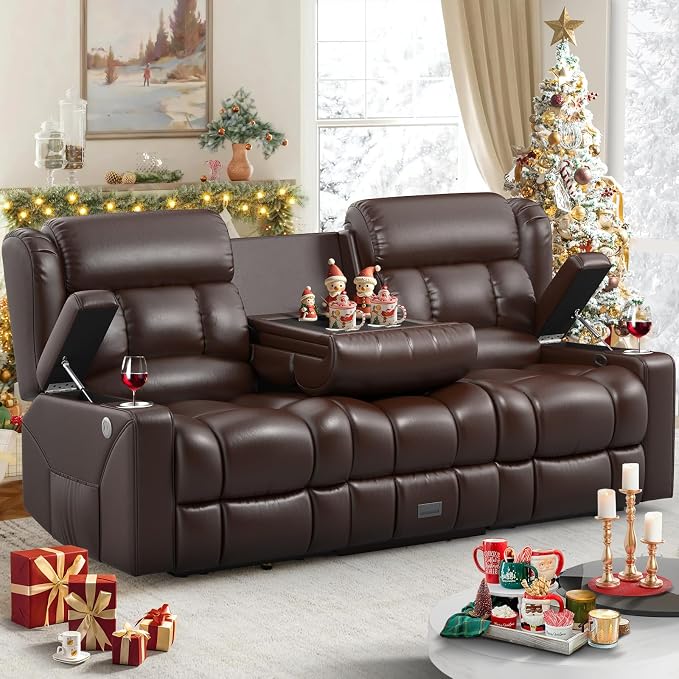 Dresegmt Loveseat Recliner Sofa, Flip Middle Backrest Design PU Leather 3 Seat Reclining Sofa with Storage Drawer, Manual Couch for Living Room (Brown)