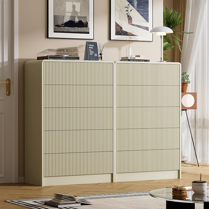 Furniway Beige 5 Drawer Dresser for Bedroom, Curved Tall Dresser with Push-to-Open Design, Chest of Drawers for Bedroom, Living Room, Hallway, 15.7”D x 32”W x 47.2”H